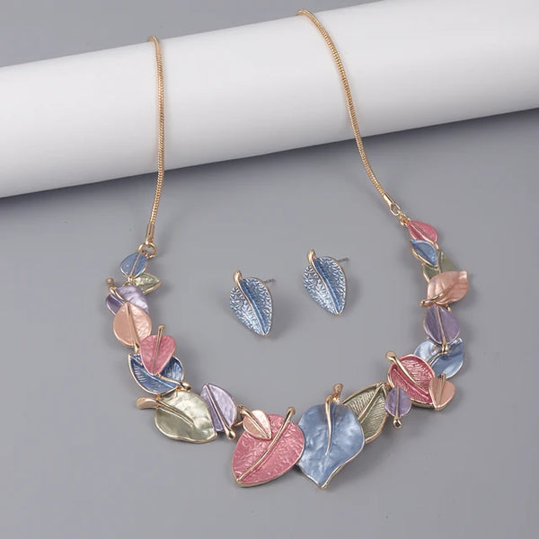 Leaf Necklace & Matching Earrings - Multi Coloured