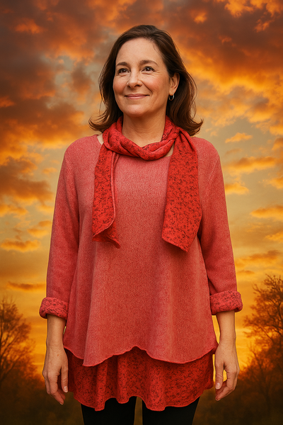 Knitted Layer Top with Scarf - Red