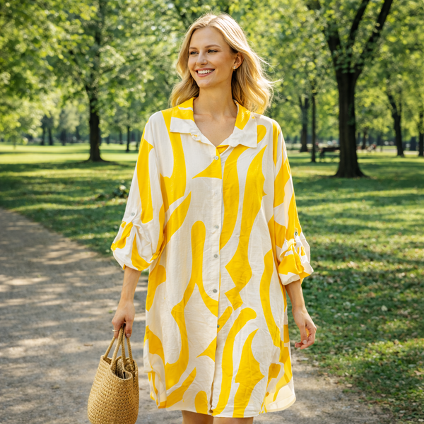 Abstract Print Shirt Dress - Yellow