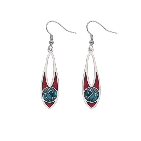 Rennie Mackintosh Rose Bud Drop Slim Earrings - Red/Turquoise