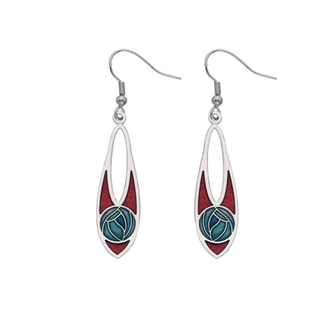 Rennie Mackintosh Rose Bud Drop Slim Earrings - Red/Turquoise