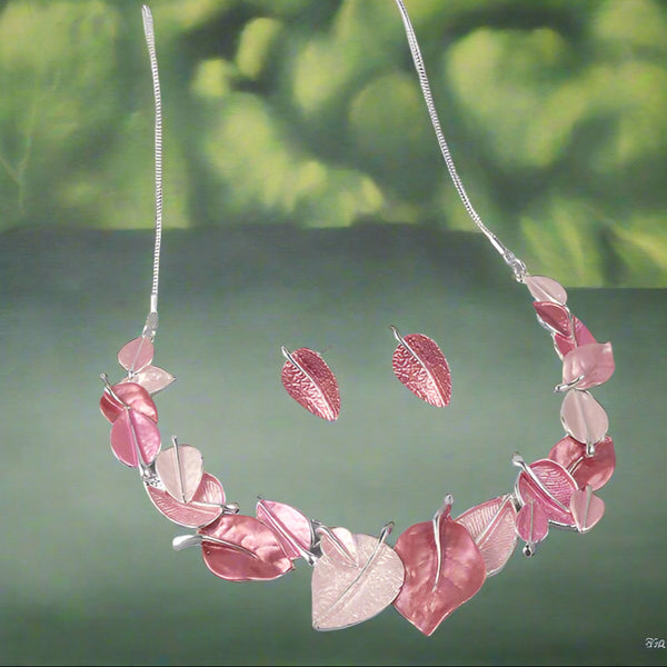 Leaf Necklace & Matching Earrings - Pink