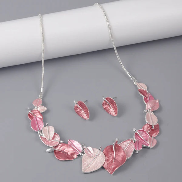 Leaf Necklace & Matching Earrings - Pink