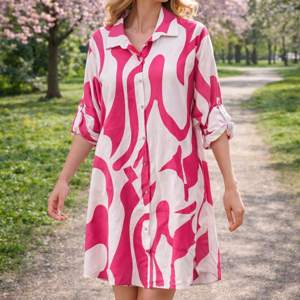 Abstract Print Shirt Dress - Fuchsia