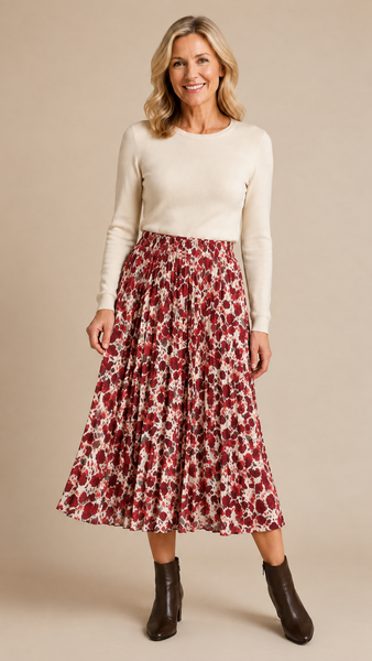 Pleated Autumn Leaves Midi Skirt - Red