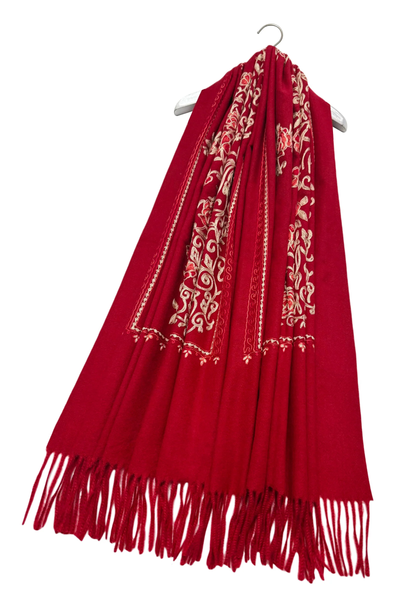 Embroidered Floral Shawl-Scarf - Deep Red