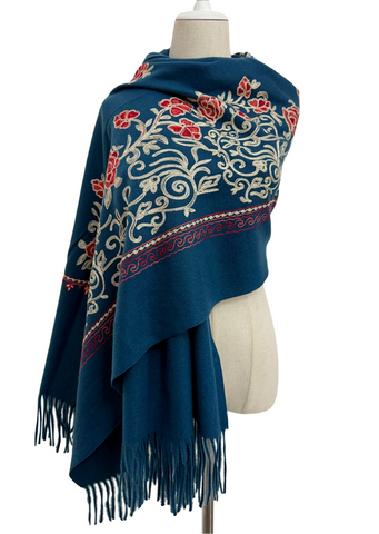 Bold Embroidered Floral Shawl-Scarf - Blue