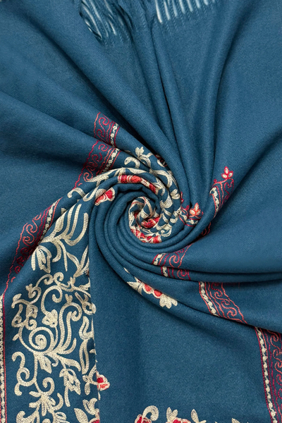 Bold Embroidered Floral Shawl-Scarf - Blue