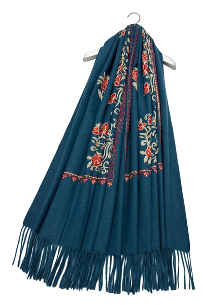Bold Embroidered Floral Shawl-Scarf - Blue