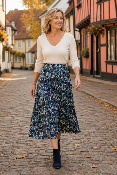Pleated Autumn Leaves Midi Skirt - Navy