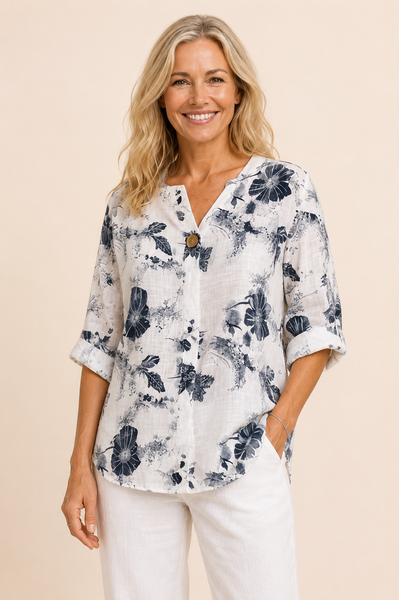 Floral Print  One Button Top New - White