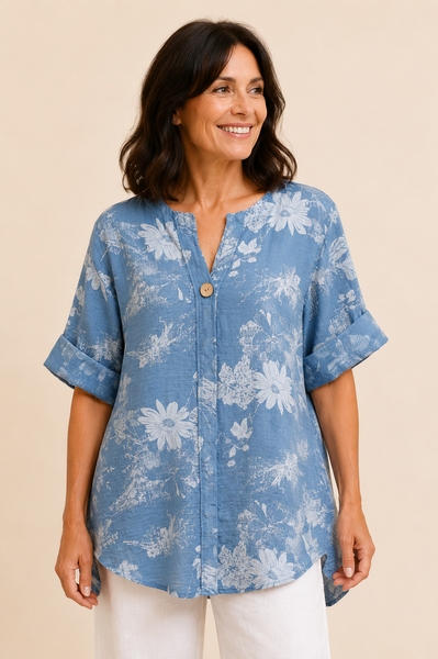 Floral Print One Button Top New - Denim