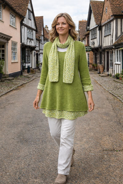 Knitted Layer Top with Scarf -  Apple