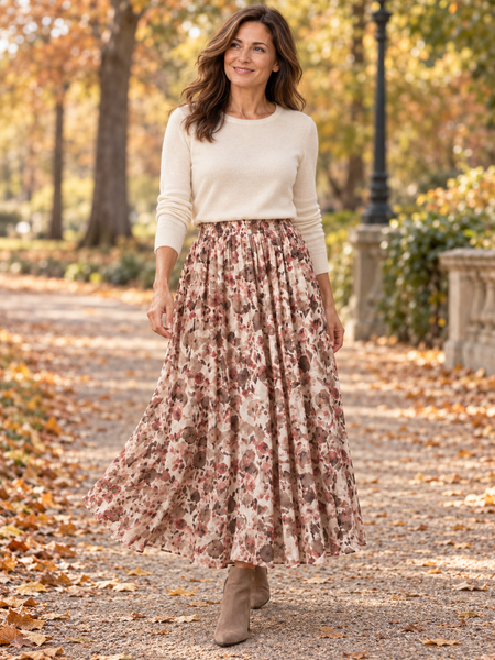 Pleated Autumn Leaves Midi Skirt - Beige