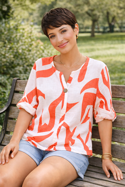 Abstract Print One Button Top - Coral