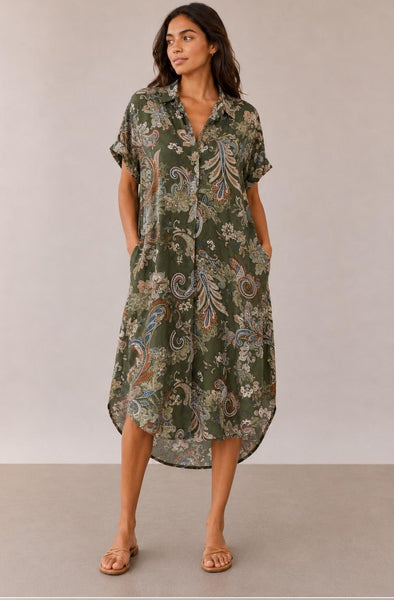 Paisley Print Dress - Khaki Green
