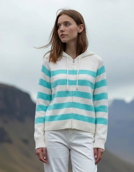 Striped Zipped Hoodie - Aqua