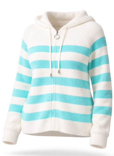 Striped Zipped Hoodie - Aqua