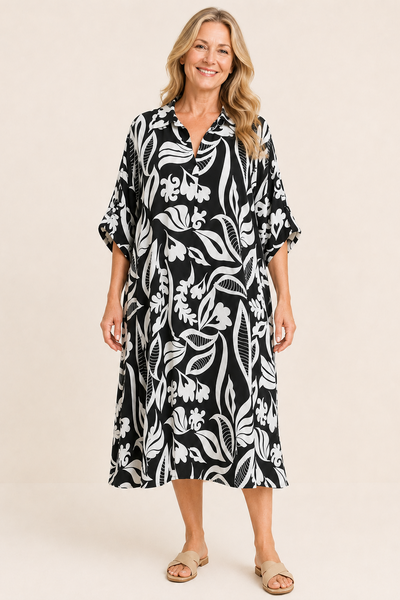 Abstract Print Dress with Collar - Black