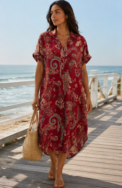 Paisley Print Dress - Deep Red