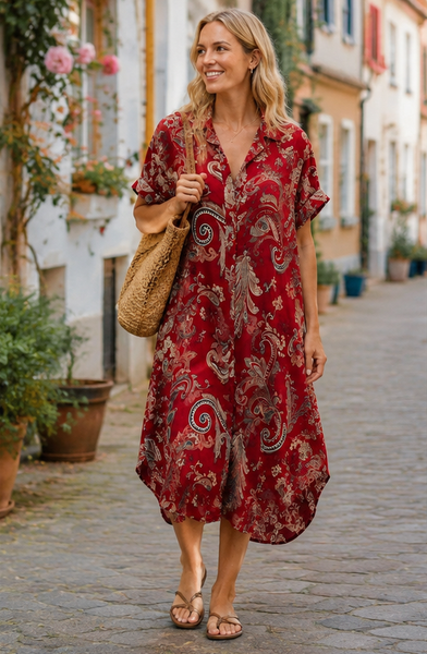 Paisley Print Dress - Deep Red