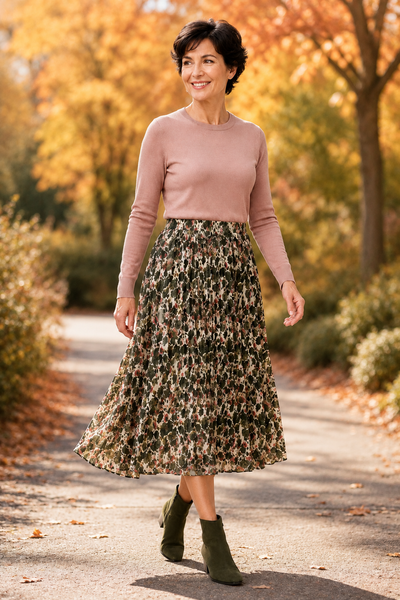 Pleated Autumn Leaves Midi Skirt - Khaki