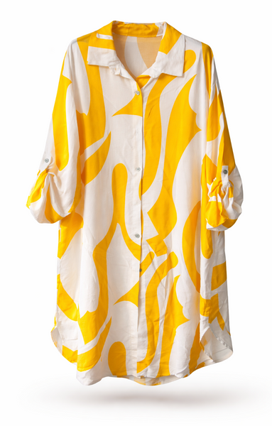Abstract Print Shirt Dress - Yellow