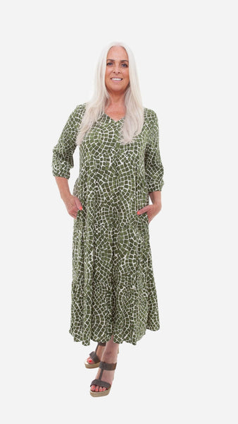 Mosaic Print Tiered Dress - Green