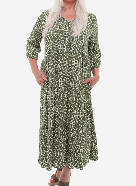 Mosaic Print Tiered Dress - Green