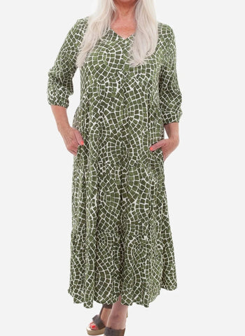 Mosaic Print Tiered Dress - Green