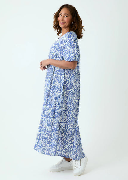 Zebra Print Maxi Dress - Denim Blue
