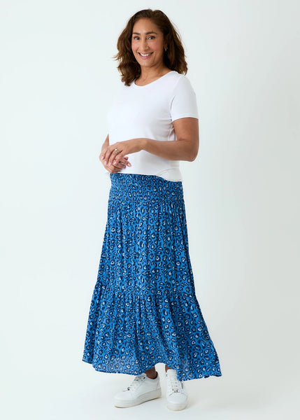 Leopard Print Shirred Waist Skirt - Denim Blue