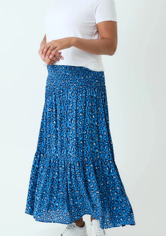 Leopard Print Shirred Waist Skirt - Denim Blue