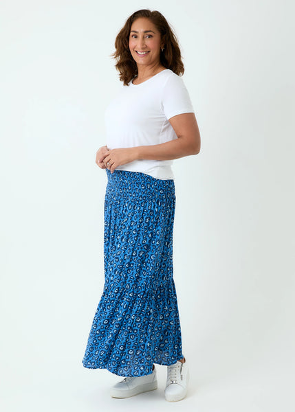 Leopard Print Shirred Waist Skirt - Denim Blue