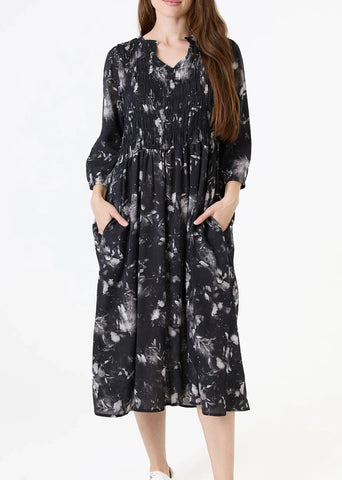 Dark Floral Printed Dress - Black