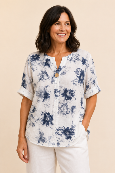 Floral Print  One Button Top New - White