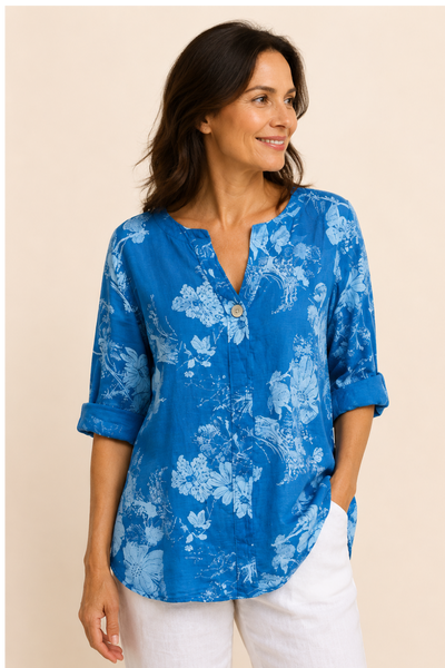 Floral Print One Button Top New - Royal Blue