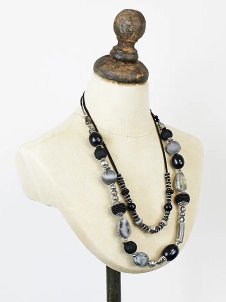 Double Strand Mixed Bead Necklace - Black & Greys