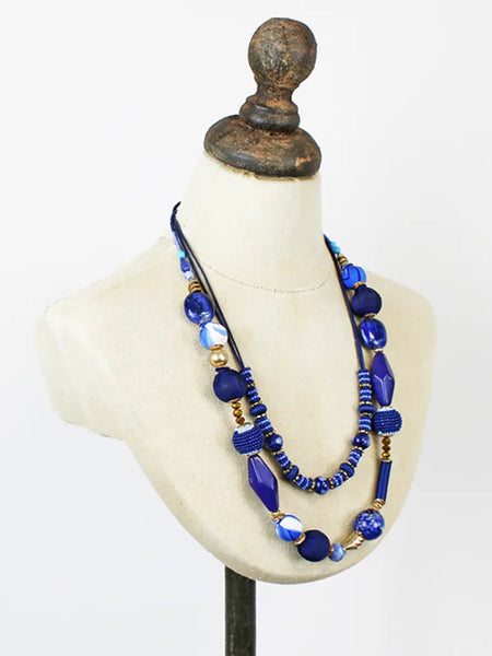 Double Strand Mixed Bead Necklace - Blues