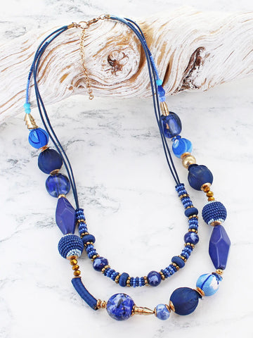 Double Strand Mixed Bead Necklace - Blues