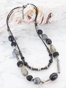 Double Strand Mixed Bead Necklace - Black & Greys