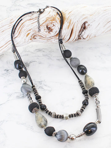 Double Strand Mixed Bead Necklace - Black & Greys