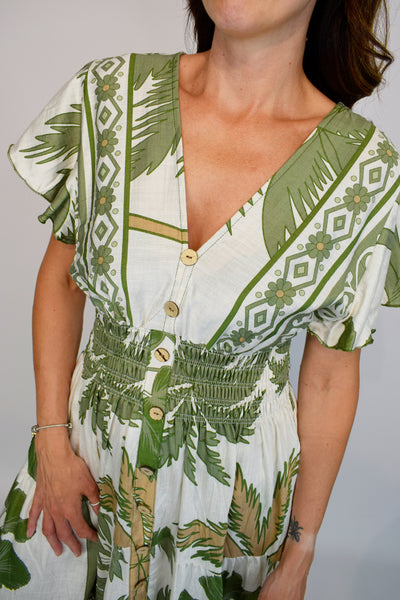Aztec Border Leaf Print Button Midi Dress - Khaki