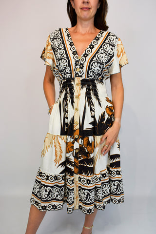 Aztec Border Leaf Print Button Midi Dress - Black