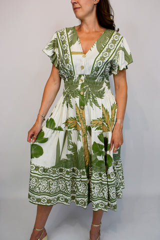 Aztec Border Leaf Print Button Midi Dress - Khaki