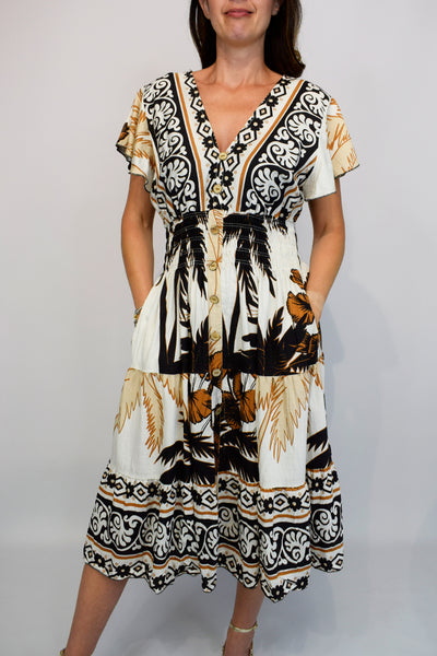Aztec Border Leaf Print Button Midi Dress - Black