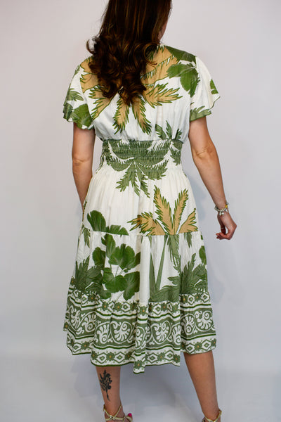 Aztec Border Leaf Print Button Midi Dress - Khaki