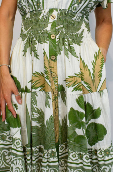 Aztec Border Leaf Print Button Midi Dress - Khaki