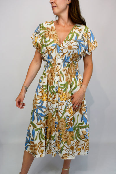 Aztec Flower Button Front Midi Dress - Mocha