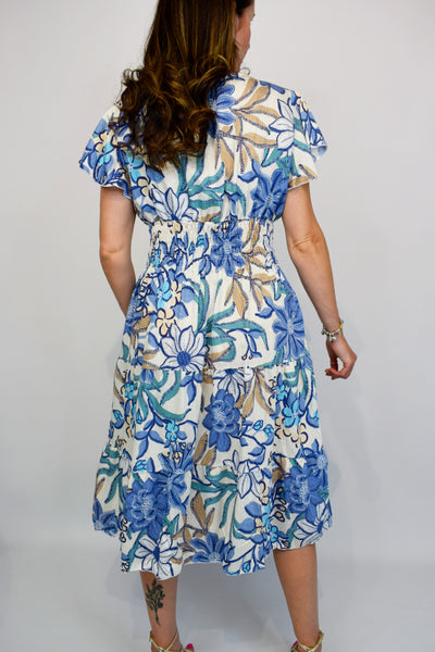Aztec Flower Button Front Midi Dress - Blue